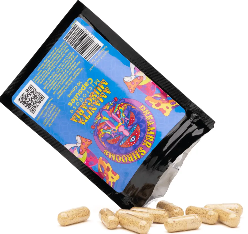 Dreamer Shrooms capsules being poured out of bag