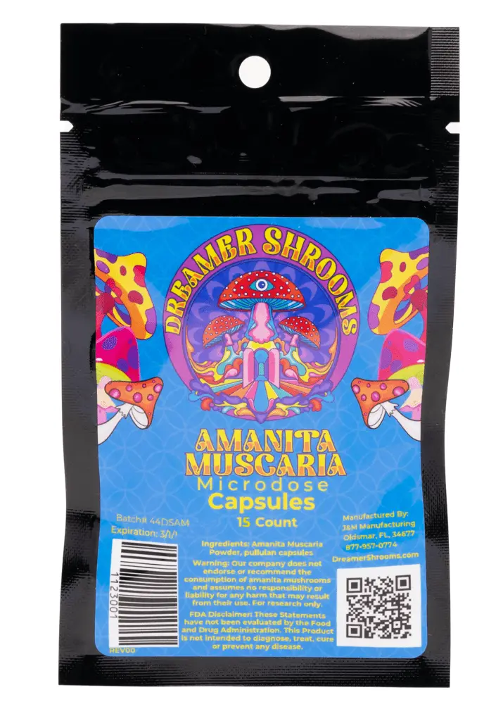 DreamerShrooms Amanita Muscaria Capsules in a bag