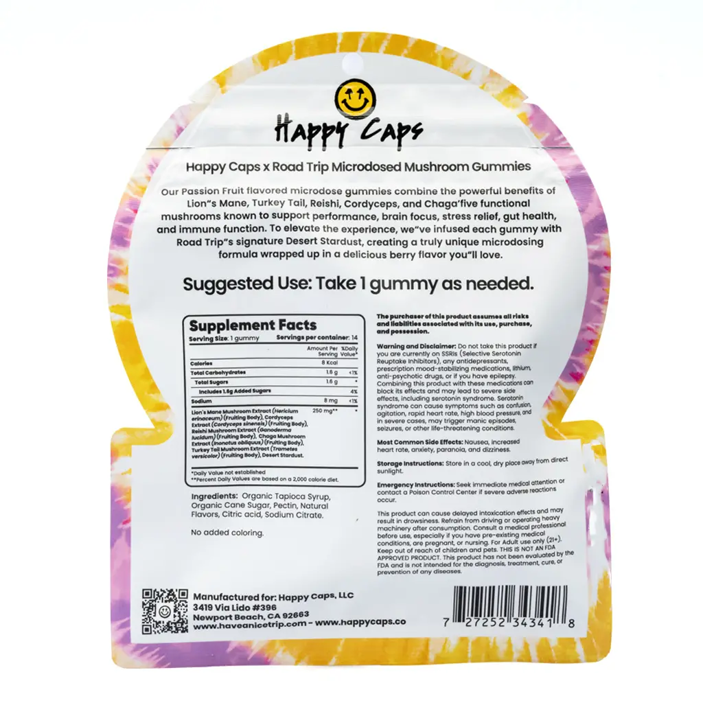 Happy Caps x Road Trip - Microdosed Mushroom Gummies - Passion Fruit back