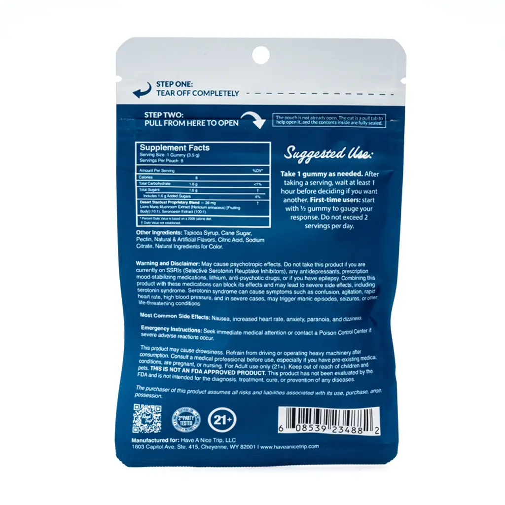 Road Trip Desert Stardust Mushroom Gummies - Blue Raspberry bag back